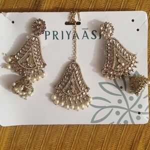 Artificial Indian Jewelry, Earrings & Tikka Set, Champagne & Antique Gold Finish